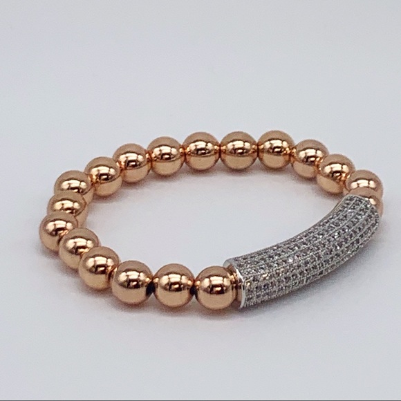 Rose Gold beaded stretch bracelet pave bar - Picture 2 of 4